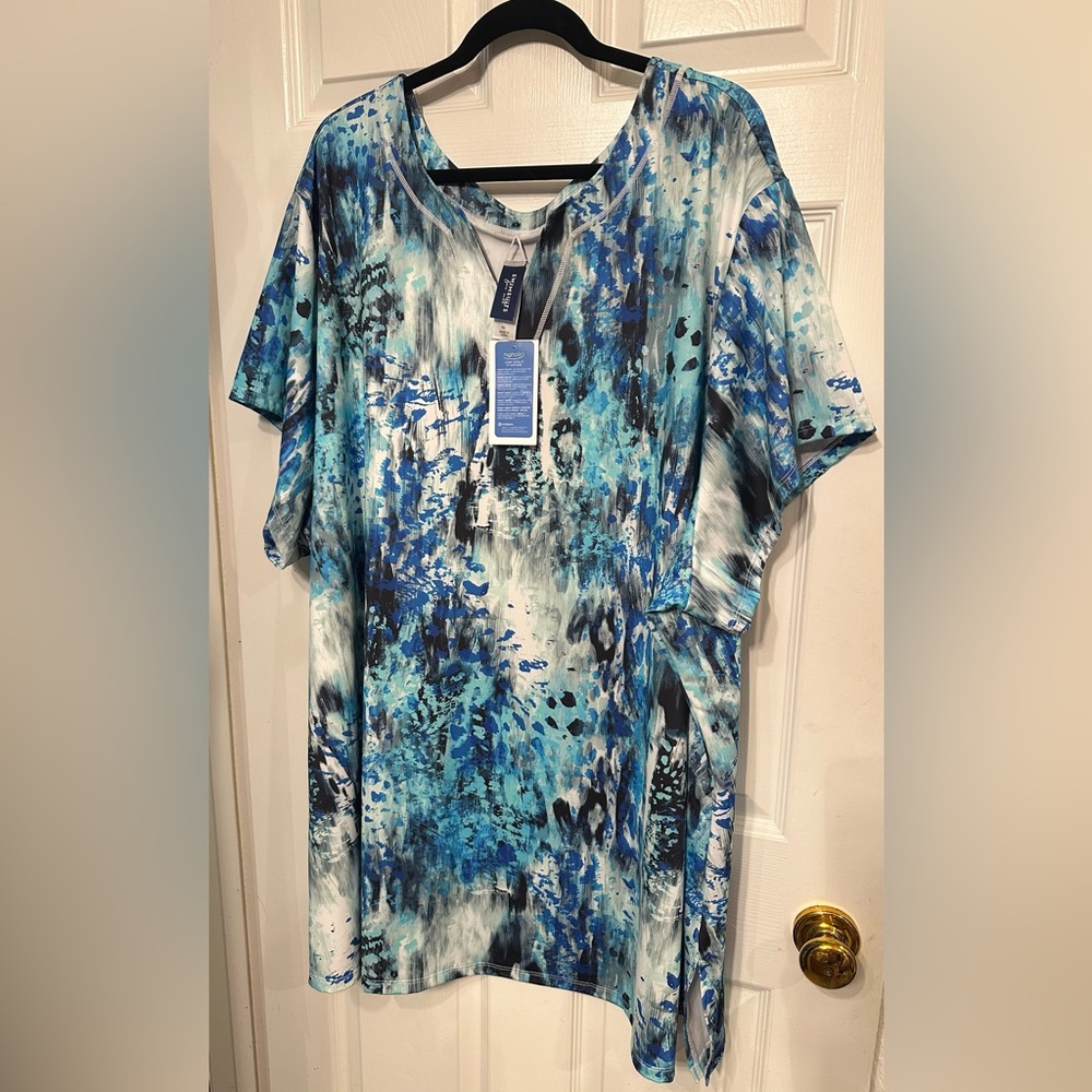 NWT SWIMSUITS FOR ALL 40 Blue Abstract Navy Teal V-Neck Boho Swimsuit Cover-Up